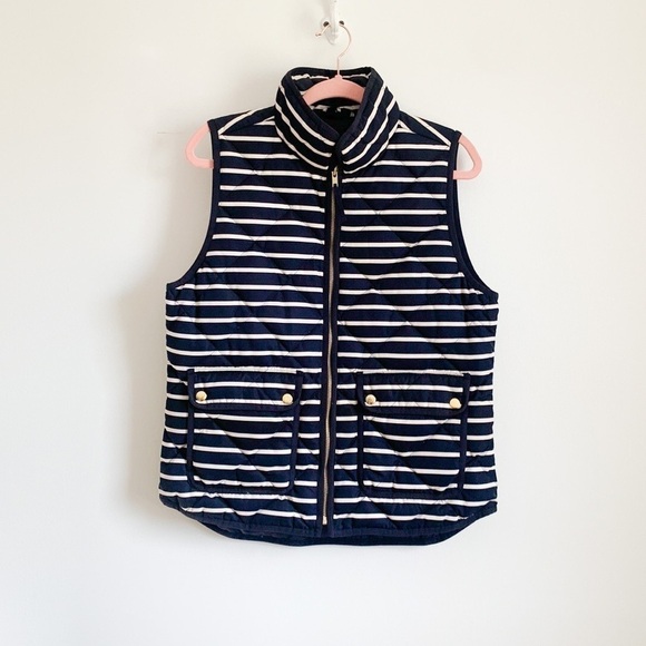 J. Crew Navy Blue White Stripe Down Puffer Vest Medium - Picture 1 of 7